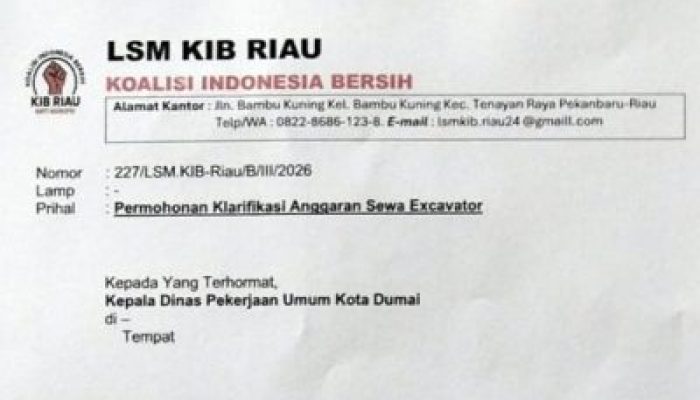 Diduga Tak Efisien, LSM KIB Riau Minta Klarifikasi Anggaran Sewa Excavator Puluhan Miliar